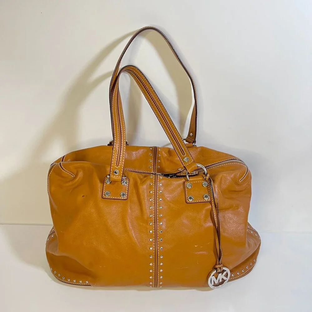 Michael Kors Tan Studded Leather Tote Bag With MK Charm & Zip Closure